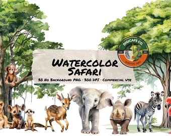 Acquerello Safari Animals Clipart - Giungla, Animali, Alberi, Selvaggio, Asilo nido, Bambino, Carino, PNG Clip Art Formato PNG per uso commerciale 300 DPI