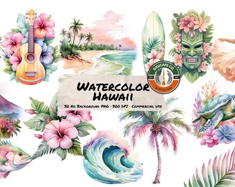 Acquerello Hawaii Clipart - Viaggi Surf Vacanze estive Isola Fiori Palme Foglie tropicali Luau Clip Art in PNG per uso commerciale