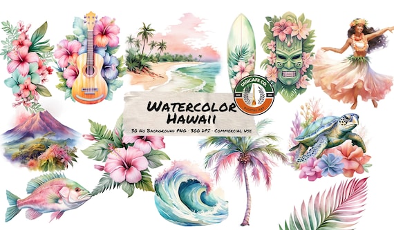 Watercolor Hawaii Clipart - Travel Surfing Summer Vacation Island Flowers Palm Trees Tropical Leaves Luau Clip Art in PNG for Commercial Use