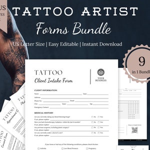 Puede incluir: Un conjunto de nueve formularios imprimibles para artistas del tatuaje en un paquete. Los formularios incluyen un formulario de admisión del cliente, un formulario de confirmación de cita y un formulario de consentimiento. Los formularios están diseñados para ser fáciles de editar e imprimir. Los formularios están disponibles para descarga instantánea.