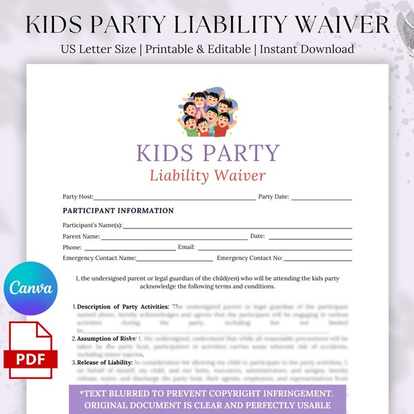 Liability Waiver for Kids Party, Parents consent form for kids events, Children Party Waiver, Event risk waiver, Guardian signature waiver