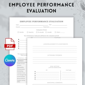 Könnte beinhalten: Ein schwarz-weißes, druckbares Formular zur Mitarbeiterbewertung mit Abschnitten für Mitarbeiterinformationen, Kennzahlen, Anerkennung von Leistungen, umsetzbarem Feedback, Zielsetzung und zusätzlichen Kommentaren.