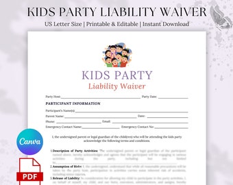 Liability Waiver for Kids Party, Parents consent form for kids events, Kids Party Entertainment Liability Waiver, Guardian signature waiver