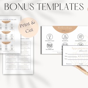 May include: Printable templates for massage therapy aftercare and reflexology, featuring icons and text. The templates include a reminder card with space for appointment details.