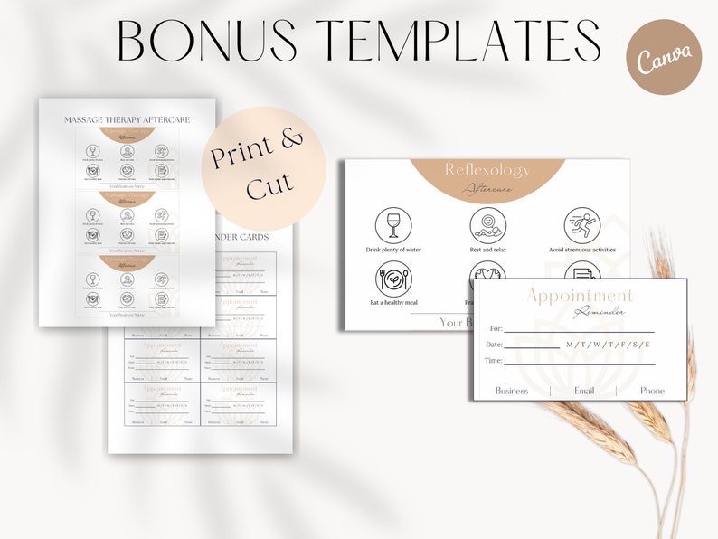 May include: Printable templates for massage therapy aftercare and reflexology, featuring icons and text. The templates include a reminder card with space for appointment details.