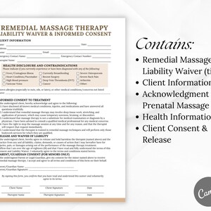 May include: A white document titled "Remedial Massage Therapy Liability Waiver & Informed Consent." It includes sections for client information, health disclosures, informed consent, and liability waivers. The document also lists the contents.