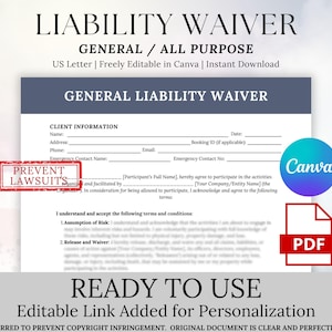 Editable General Liability Waiver Template, Printable All-Purpose Waiver, Small Business Liability Form, Ready to Use Legal Waiver