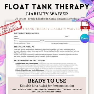以下が含まれることがあります： PDF 形式のフロートタンクセラピー免責同意書。このフォームは Canva で編集できるように設計されており、参加者情報、フロートタンクセラピーの詳細、確認と同意、すぐに使用できるステートメントのセクションが含まれています。このフォームは訴訟を回避するために設計されています。