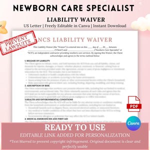 Esonero di responsabilità per specialista in assistenza neonatale, modulo di esonero per infermiera per neonati, specialisti in assistenza infantile, esonero per tata NCS, diurno notturno, pagina singola