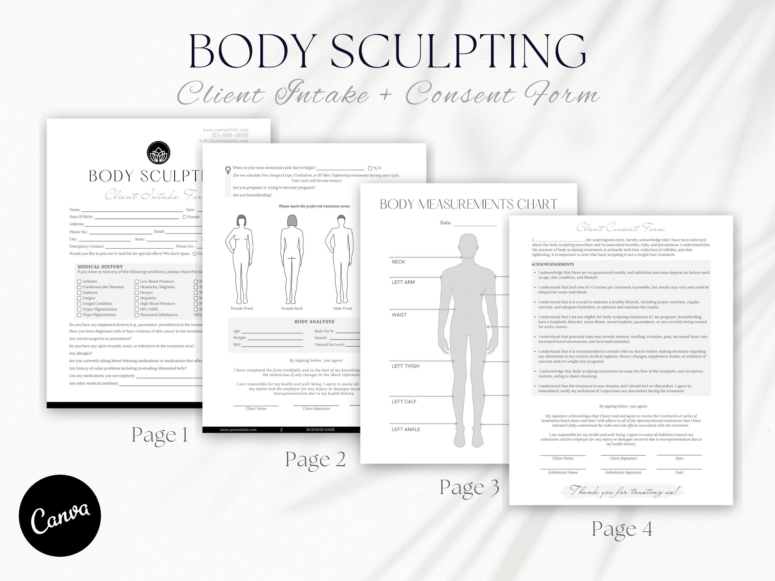 Body Sculpting Forms Template Bundle: Esthetician Client Forms (canva ...