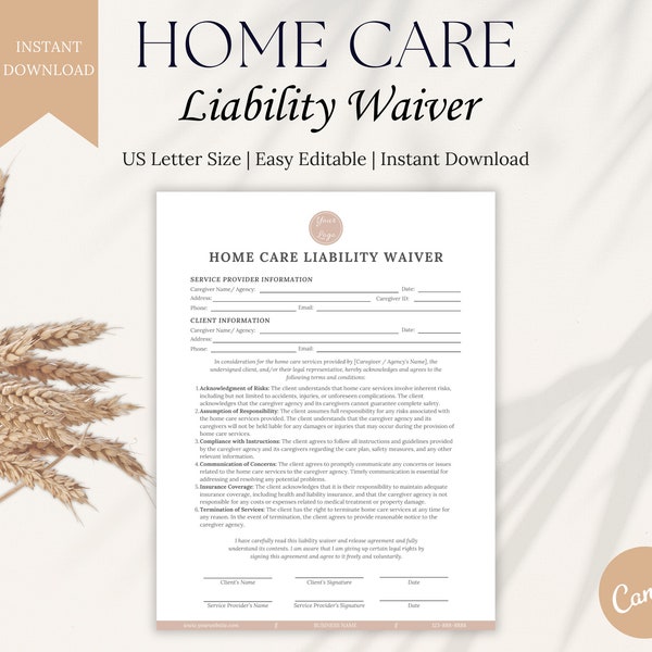 Home Care Liability Waiver, Adult Care Giver Release of Liability, Non Medical Liability Waiver, Personal Care Services Waiver, Elder Care