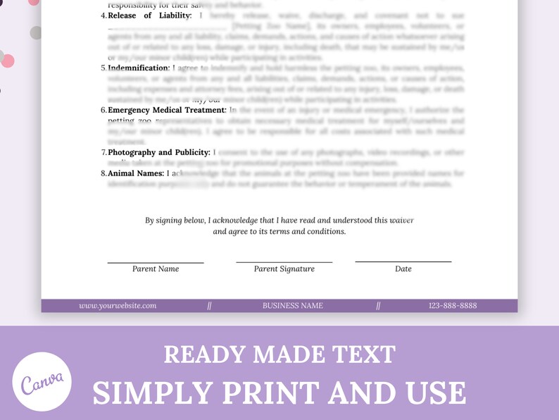 Animal Interaction Liability Waiver, Petting Zoo Media Release, Farm ...