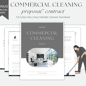 May include: A printable commercial cleaning proposal and contract template in US Letter size. The template features a grey and white colour scheme with a photo of a modern office space. The text "COMMERCIAL CLEANING" is in a bold, black font. The text "PROPOSAL" is in a smaller, black font. The text "YOUR BUSINESS" is in a smaller, black font at the bottom of the page.