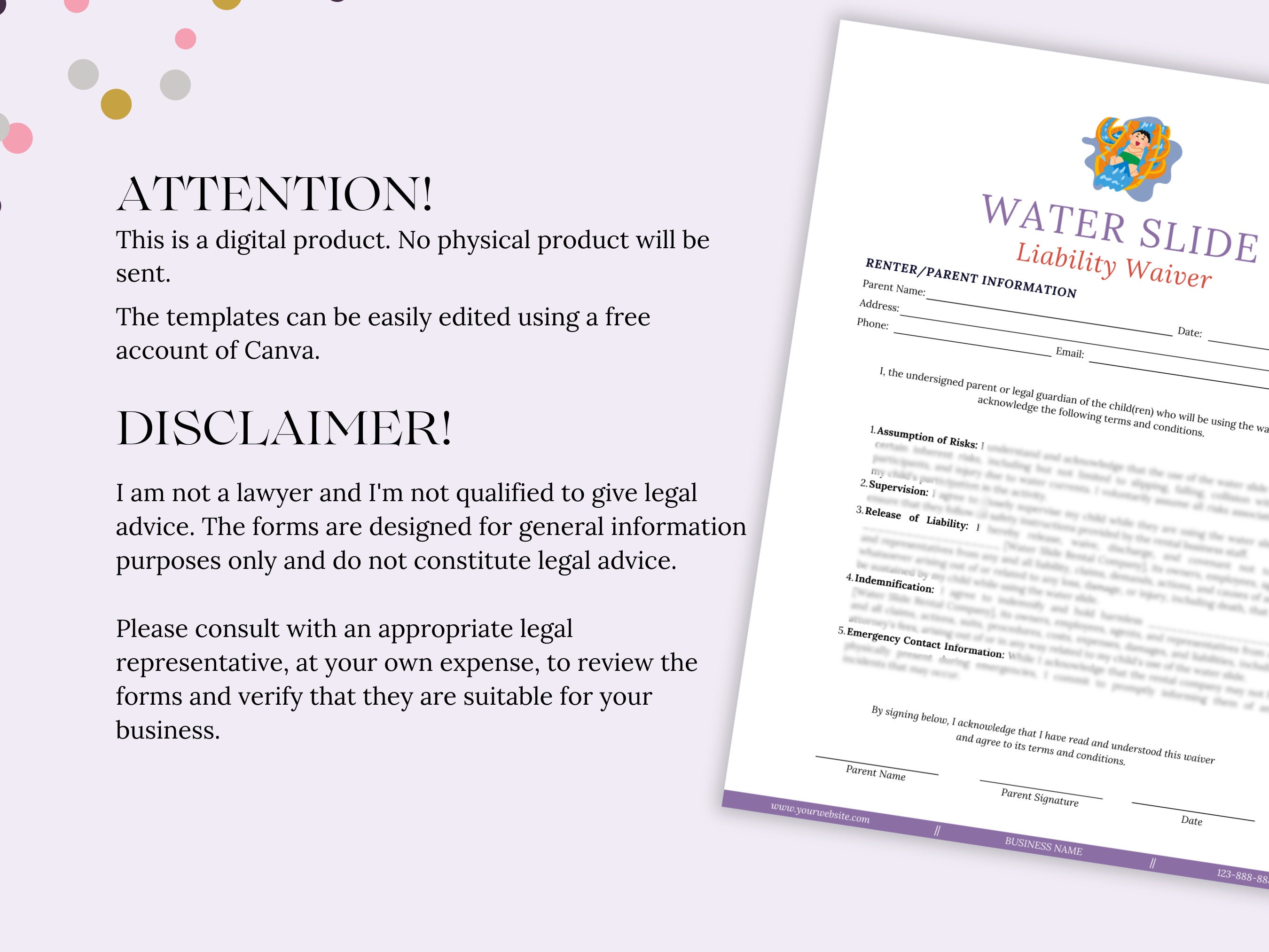 Inflatable Water Slide Liability Waiver, Waterslide Consent Form