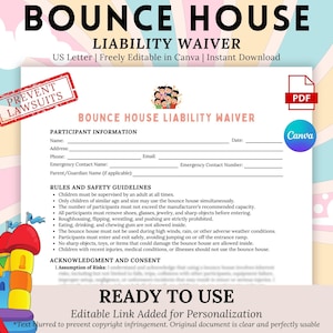 Bounce House Rental Liability Waiver, Inflatable Business Waiver, Can also be used for Water Slides & Kids Events, PDF and Canva Editable