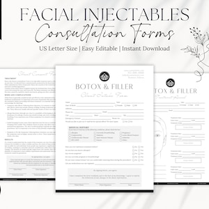 May include: Black and white printable consultation forms for Botox and Filler treatments. The forms include client consent, medical history, and treatment record sections. The forms are designed for use in the beauty industry.