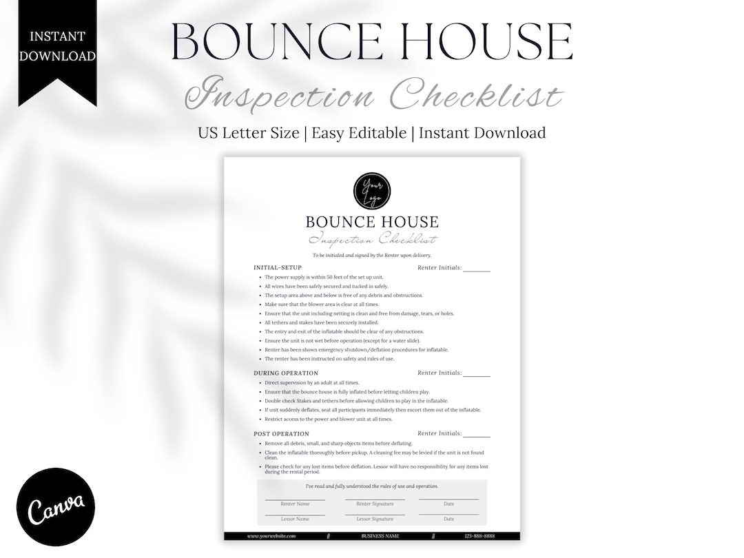 Editable Bounce House Inspection Checklist Equipment Handover Form Set Rental Expectations