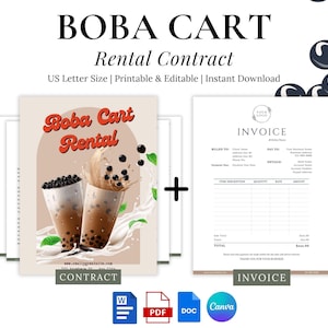Printable Mobile Boba Cart Rental Contract - packages include cart rental only, Live Barista, Self Service, Drop Off, PDF Docs Word Canva