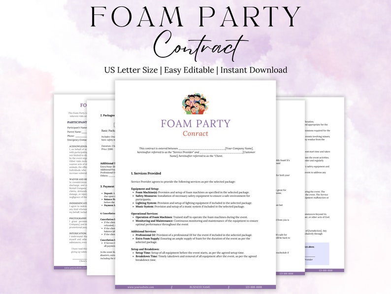 Foam Party Rental Contract Template, Liability Waiver, Media Release