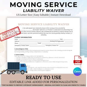 Puede incluir: Un documento de renuncia de responsabilidad de servicio de mudanza con el texto "MOVING SERVICE LIABILITY WAIVER". El documento incluye campos para la información del cliente y el reconocimiento de riesgos. Un sello rojo dice "PREVENT LAWSUITS". Un gráfico de camión azul está en la parte inferior.