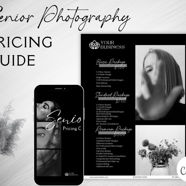 Elegant School Photography Pricing Guide, Senior Photography Price List, Graduation photography, College photography, B&W Photographer forms