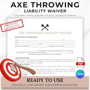 Axe Throwing Venue Liability Waiver, Hatchet Throwing, Lumberjack Activity, Bullseye, Waiver of Liability, Photograph Release, Single Page