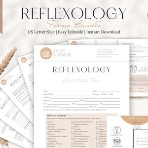 May include: A printable bundle of reflexology forms for a business. The forms include a client intake form, a medical history form, and a reflexology appointment form. The forms are designed in a minimalist style with a neutral colour palette.