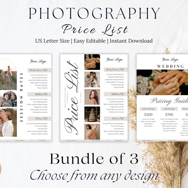 Elegant Photography Price List | Photographer Pricing Guide | Choose from 3 Beautiful Designs | Editable in Canva |Wedding, Family, Portrait