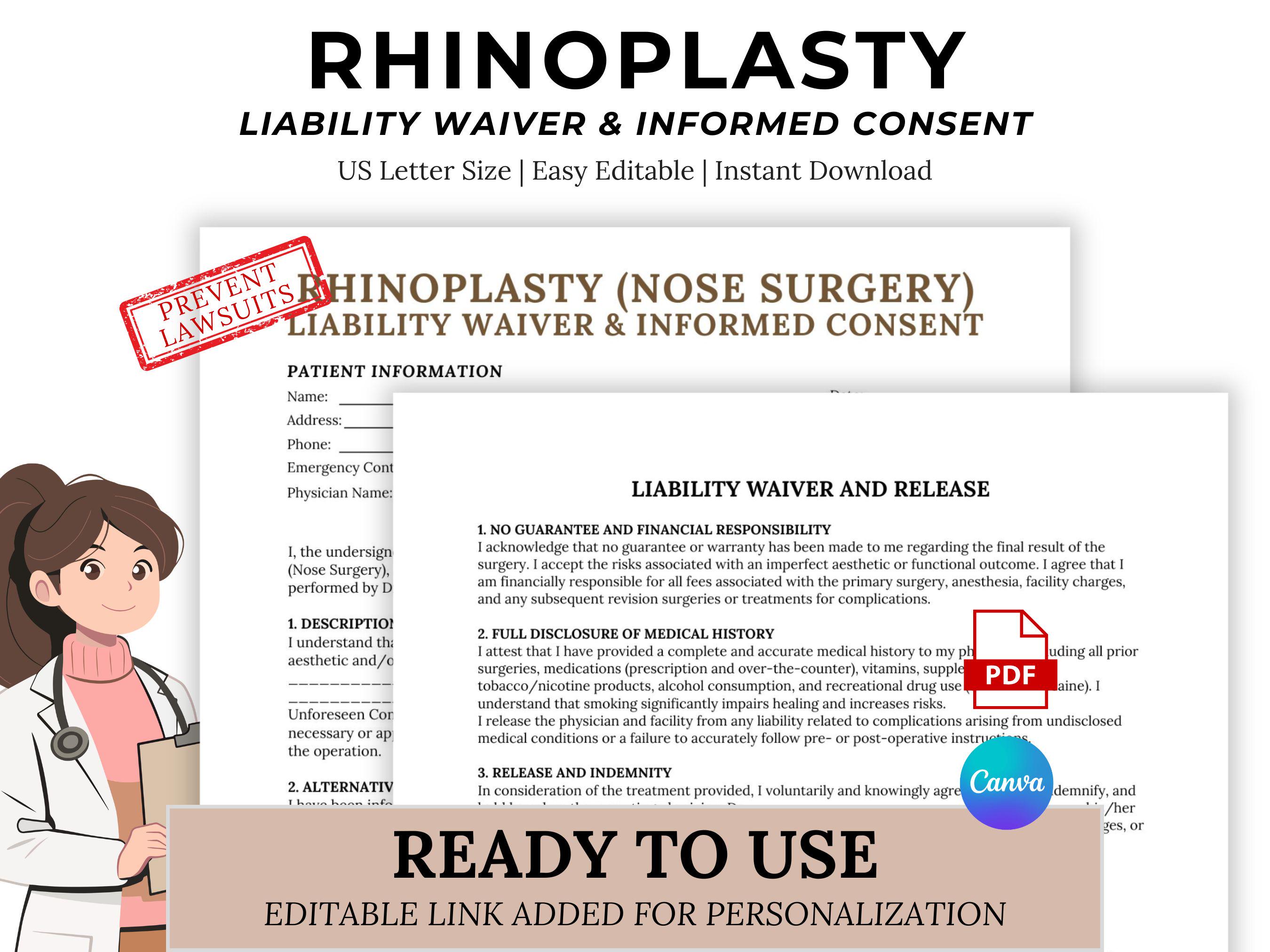 Printable Rhinoplasty Liability Waiver Template: Plastic Surgery Consent  Form (PDF)