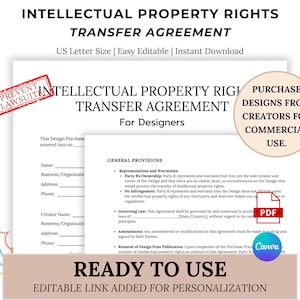 May include: A white document titled "INTELLECTUAL PROPERTY RIGHTS TRANSFER AGREEMENT" with the text "For Designers." Includes a red stamp that says "PREVENT LAWSUIT." A circular graphic says "PURCHASE DESIGNS FROM CREATORS FOR COMMERCIAL USE."
