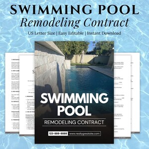 May include: A printable swimming pool remodeling contract template in US Letter size. The contract is easy to edit and can be instantly downloaded. The image shows a swimming pool with a stone wall and a waterfall.