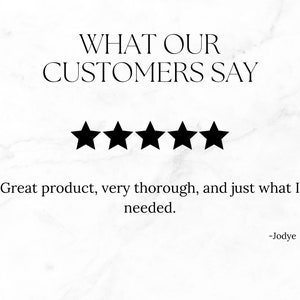 May include: Five star rating with the text "WHAT OUR CUSTOMERS SAY" above and the text "Great product, very thorough, and just what I needed." below. The text "Jodye" is at the bottom of the image.