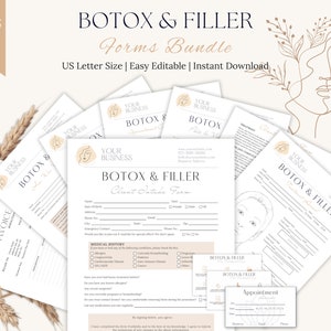 Könnte beinhalten: Ein Satz druckbarer Formulare für ein Botox- und Filler-Unternehmen. Die Formulare umfassen ein Kundenaufnahmeformular, eine Terminkarte und eine Rechnung. Die Formulare sind in einem minimalistischen Stil mit einer neutralen Farbpalette und einer einfachen Linienzeichnung eines Gesichts gestaltet.