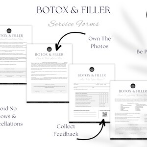 May include: A diagram showing how to use forms for Botox and Filler services. The diagram shows four forms with the text "Botox & Filler" at the top of each form. The diagram also includes text that says "Avoid No Shows & Cancellations", "Collect Feedback", "Own The Photos", and "Be Prepared".