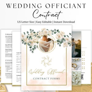 Puede incluir: Un formulario de contrato de oficiante de boda imprimible con un diseño floral y una foto de una pareja. El texto en el formulario dice "Wedding Officiant Contract Forms".