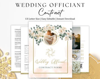 May include: A printable wedding officiant contract form with a floral design and a photo of a couple. The text on the form reads "Wedding Officiant Contract Forms".