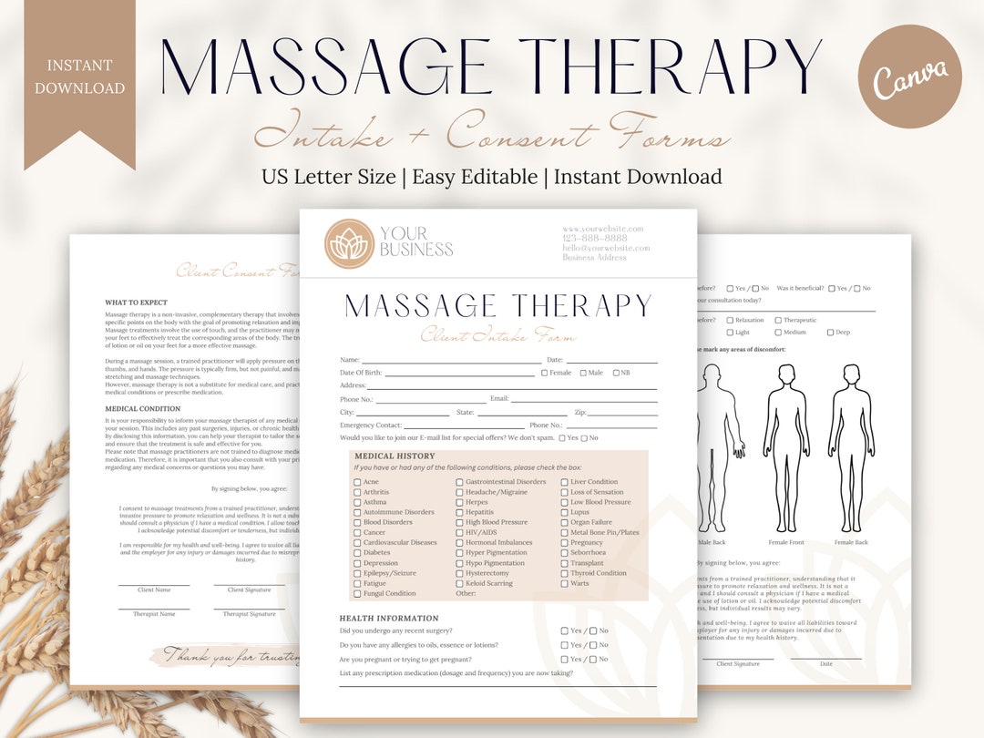 Massage Therapy Intake Form, Client Consent, Massage Therapist Form ...