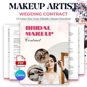 May include: A bridal makeup contract with the text "BRIDAL MAKEUP Contract" in pink. The image includes a woman getting her makeup done, makeup brushes, and the words "MAKEUP ARTIST" and "WEDDING CONTRACT".