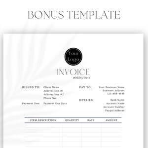 K&ouml;nnte beinhalten: Eine schwarz-wei&szlig;e Rechnungsvorlage mit dem Text "BONUS TEMPLATE" oben. Die Vorlage enth&auml;lt Abschnitte f&uuml;r "BILLED TO", "PAY TO", "DETAILS", "ITEM DESCRIPTION", "QUANTITY", "RATE" und "AMOUNT".