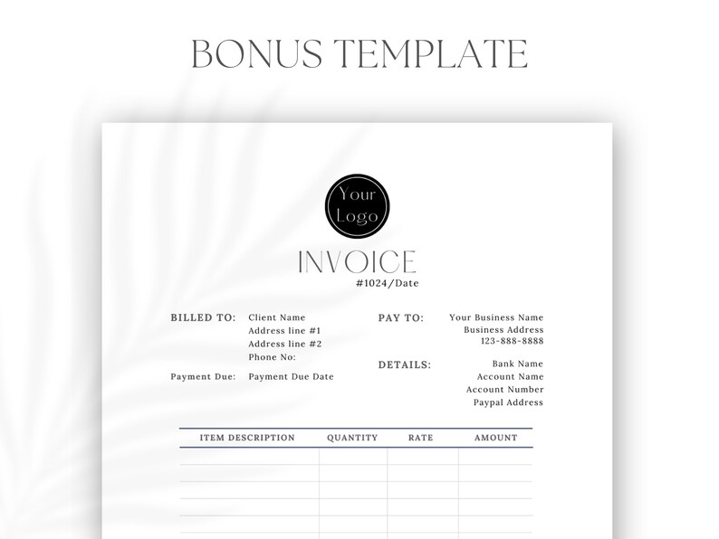 K&ouml;nnte beinhalten: Eine schwarz-wei&szlig;e Rechnungsvorlage mit dem Text "BONUS TEMPLATE" oben. Die Vorlage enth&auml;lt Abschnitte f&uuml;r "BILLED TO", "PAY TO", "DETAILS", "ITEM DESCRIPTION", "QUANTITY", "RATE" und "AMOUNT".