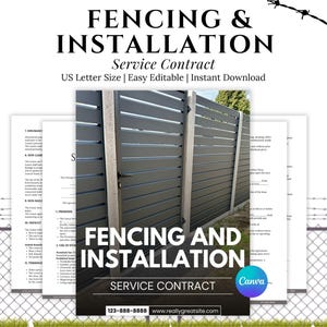 May include: A service contract for fencing and installation, featuring a modern gray fence design. The document is US Letter size and easy to edit. The text includes "FENCING & INSTALLATION" and "SERVICE CONTRACT".
