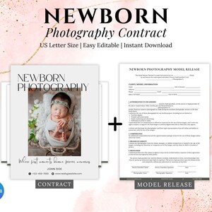 May include: A newborn photography contract and model release form. The contract features a baby photo and the text "Newborn Photography." The model release form is on the right. The text includes "US Letter Size" and "Easy Editable."