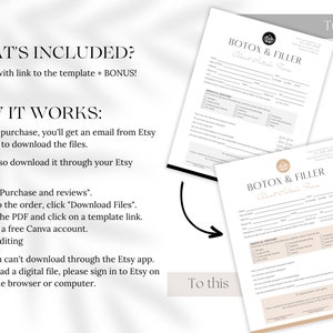 May include: A digital download of a printable Botox and Filler Client Intake Form. The form is designed to be used by aestheticians and beauty professionals. The form includes sections for client information, medical history, and consent.