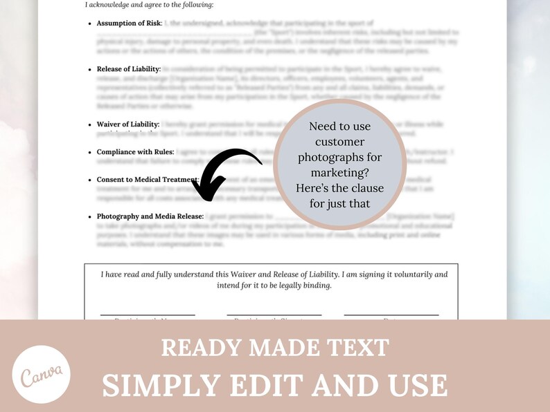 Sports Liability Waiver Template: Editable Consent Form (digital ...