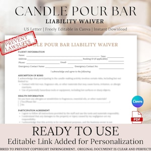Printable Candle Pour Bar Waiver, Erfahrung beim Kerzengießen, Risikoübernahme, Gesundheitsinformationen, Fotoeinverständnis, einzelne Seite