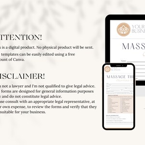 May include: A digital download of a massage therapy intake form template. The template is designed for general information purposes only and does not constitute legal advice. The template is easily editable using a free Canva account. The text on the template reads "Massage Therapy Client Intake Form".