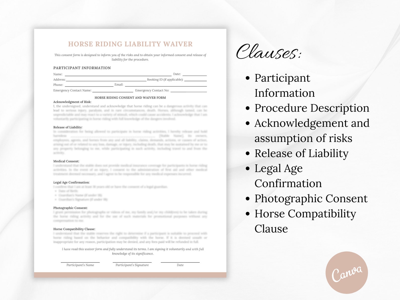Horse Riding Waiver Template, Equine Release of Liability Waiver, Ride ...