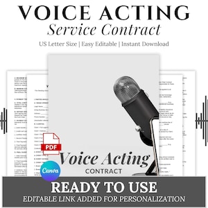 Op de afbeelding: Een zwarte microfoon met een zilveren mesh-kop staat voor een voice-acting contract. Het contract is US Letter formaat, gemakkelijk te bewerken en direct te downloaden. De woorden "Voice Acting Contract" en "Ready to Use" worden weergegeven.