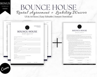 May include: Black and white printable bounce house rental agreement and liability waiver forms. The forms include sections for renter information, lessor information, rental information, pricing, and signatures. The forms are available in US and A4 sizes and are easy to edit.