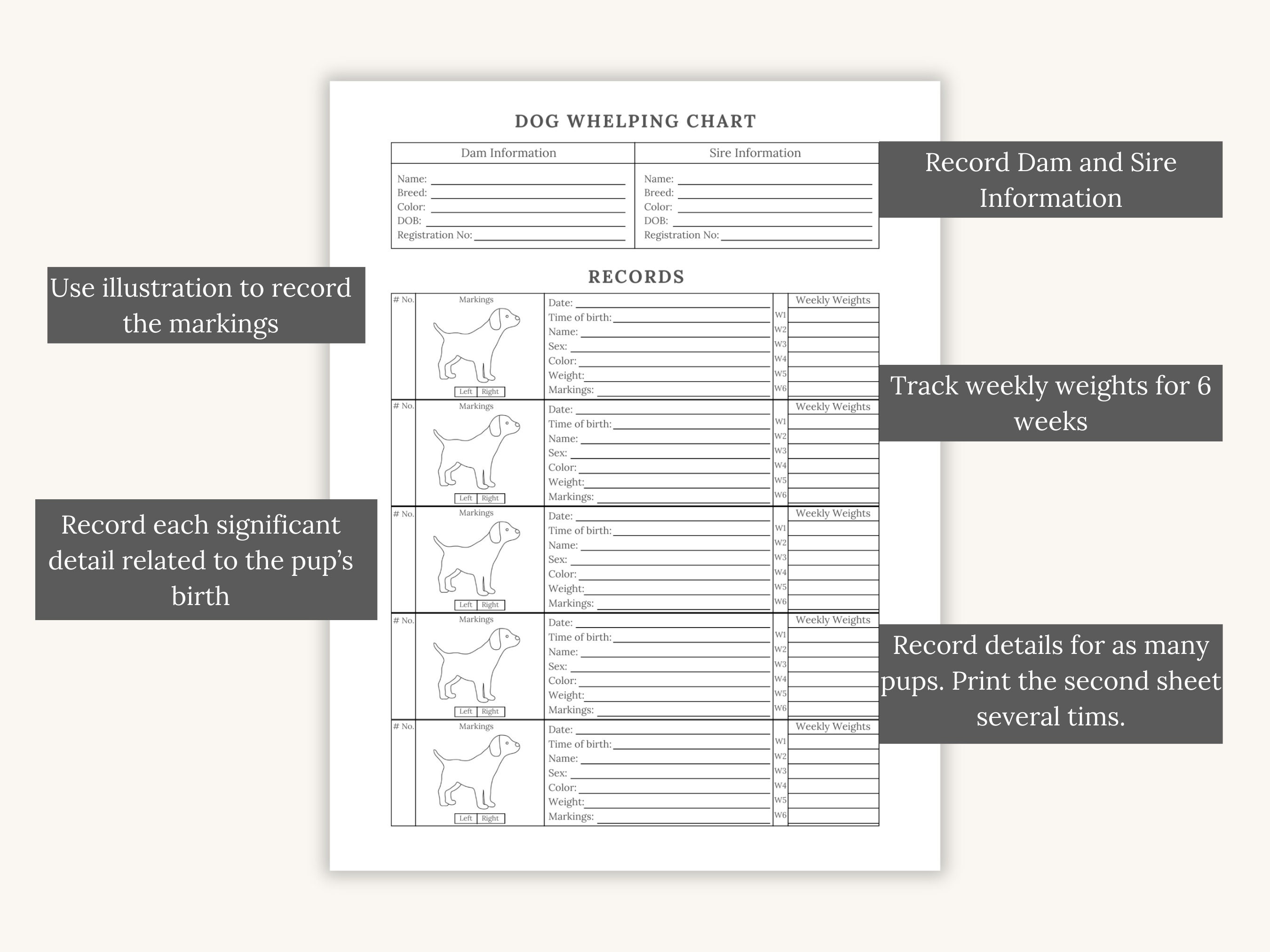 Dog Whelping Chart, Puppy Weight Tracker, Record Puppy Marking, Dog
